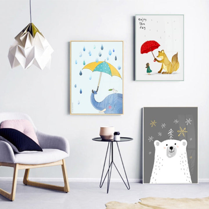Cartoon Animals Bear Fox - Canvas Wall Art Painting | Bowlift