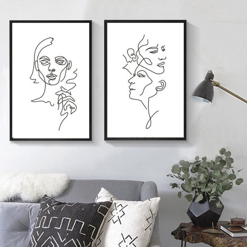 Abstract Love Kiss Black and White Line Poster - Canvas Wall Art Painting | Bowlift