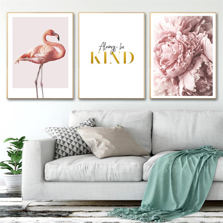 Modern Pink Flamingo Peony Flowers - Canvas Wall Art Painting | Bowlift