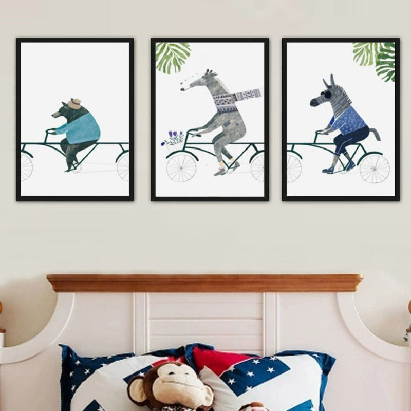 Nordic Animals Bear Zebra Riding Bike - Canvas Wall Art Painting | Bowlift