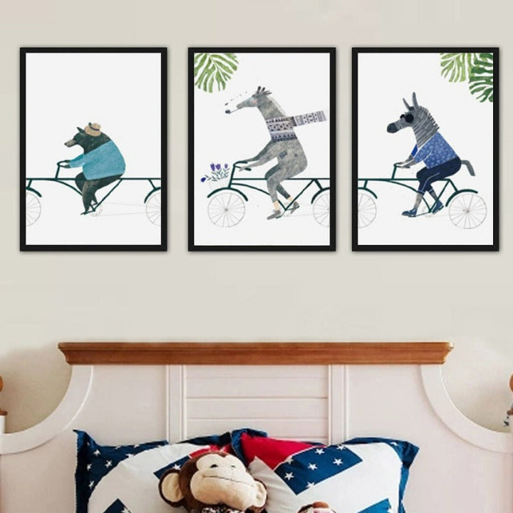 Nordic Animals Bear Zebra Riding Bike - Canvas Wall Art Painting | Bowlift