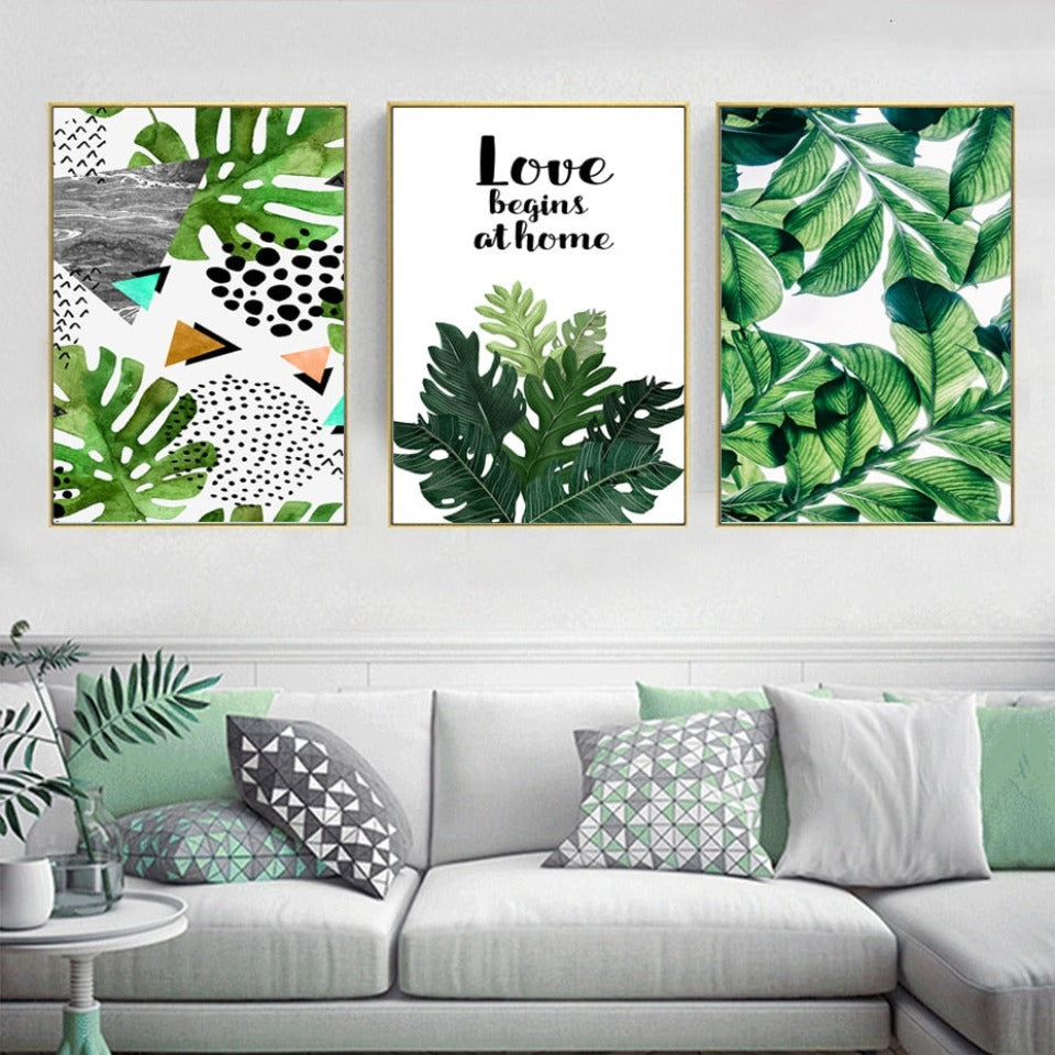 Scandinavia Tropical Green Leaf Nature Pictures - Canvas Wall Art Painting | Bowlift