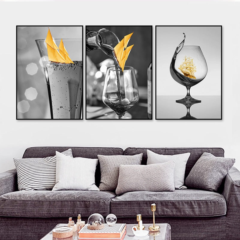 Black Wine Glass With Boat Wall Art - Canvas Wall Art Painting | Bowlift