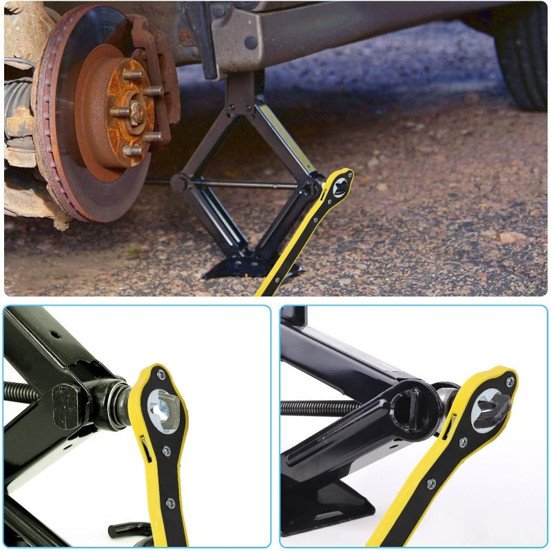 Heavy-Duty Scissor Jack Ratchet Wrench – 360° Rotating Tire Lift Tool with Cross Adapter Kit Bowlift