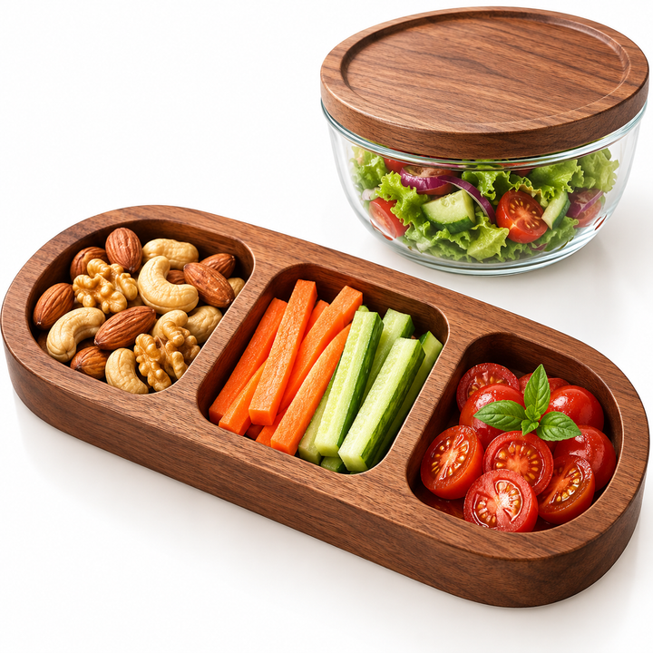 Double Compartment Acacia Wood Condiment Dish Bowlift