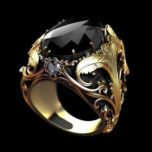 Engraved Mens Black Stone Ring Bowlift
