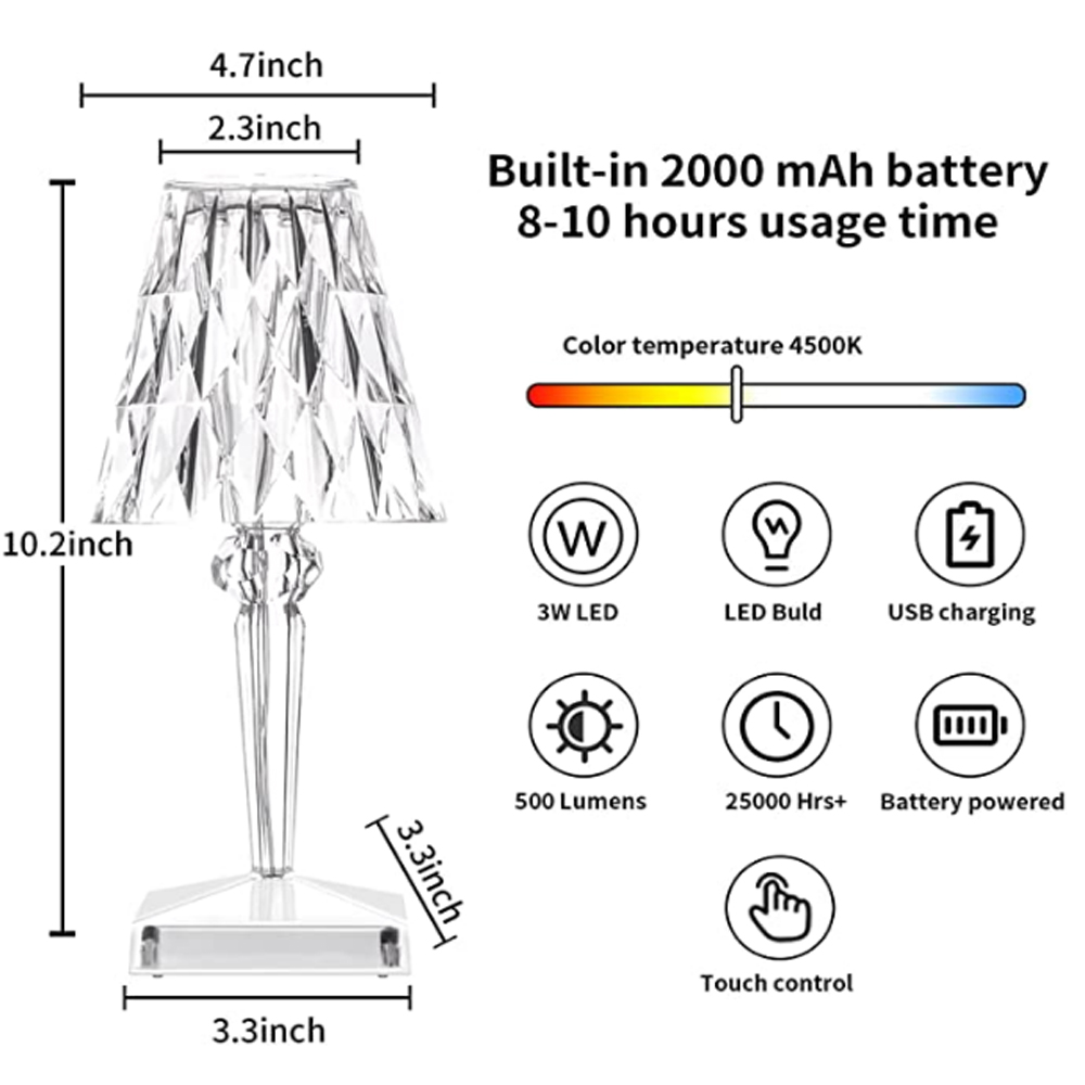 KristalGlow Touch Lamp - Elegant Table Lamp with Touch Sensor and USB | Bowlift
