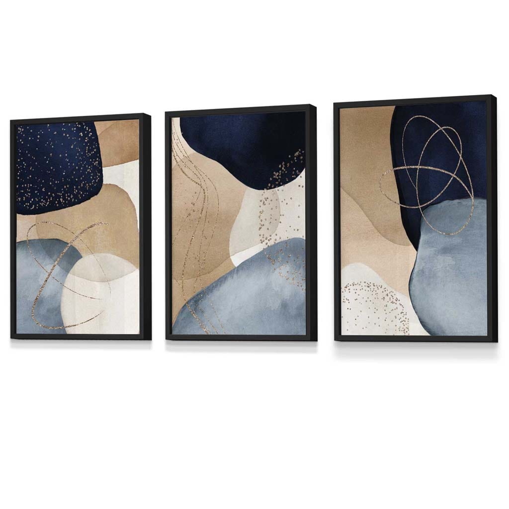 Abstract Blue, Beige, Gold Shapes Set of 3 Framed Wall Art | Bowlift