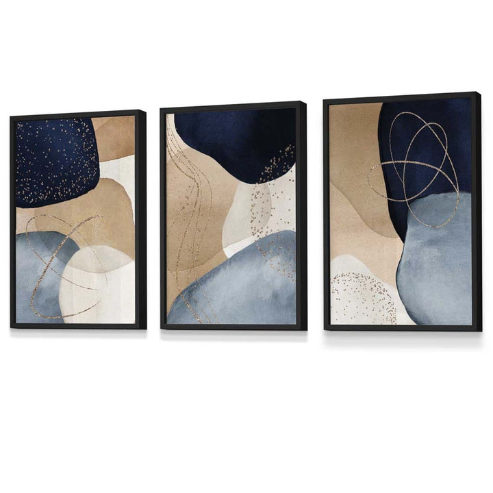 Abstract Blue, Beige, Gold Shapes Set of 3 Framed Wall Art | Bowlift