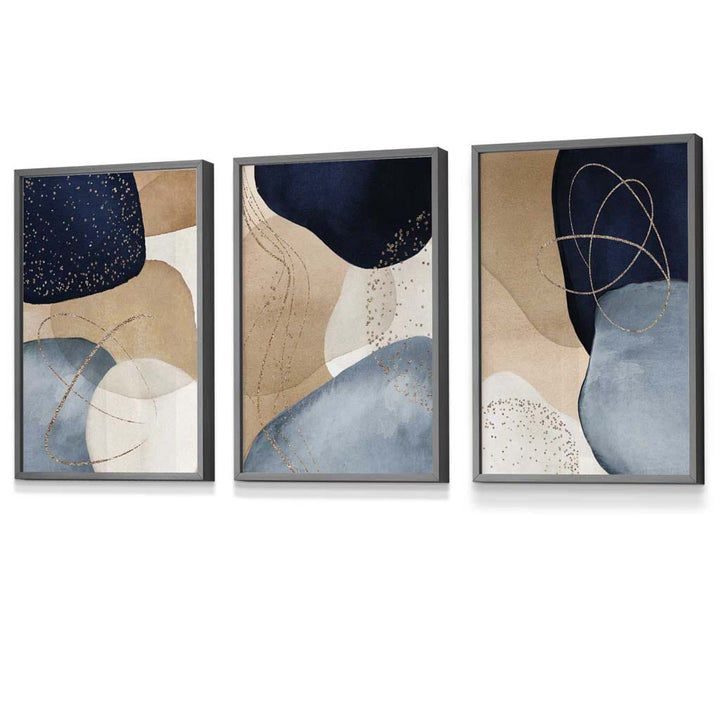 Abstract Blue, Beige, Gold Shapes Set of 3 Framed Wall Art | Bowlift