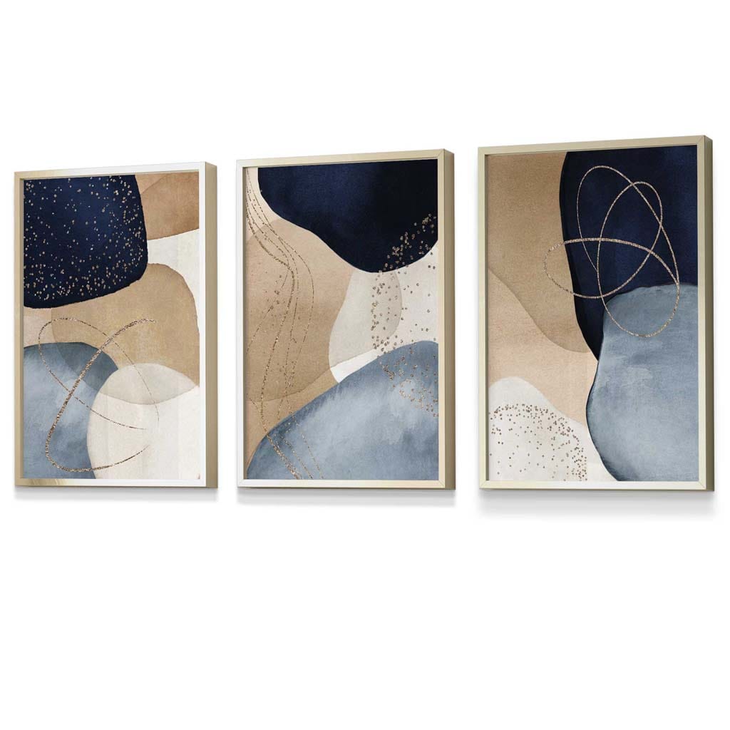 Abstract Blue, Beige, Gold Shapes Set of 3 Framed Wall Art | Bowlift