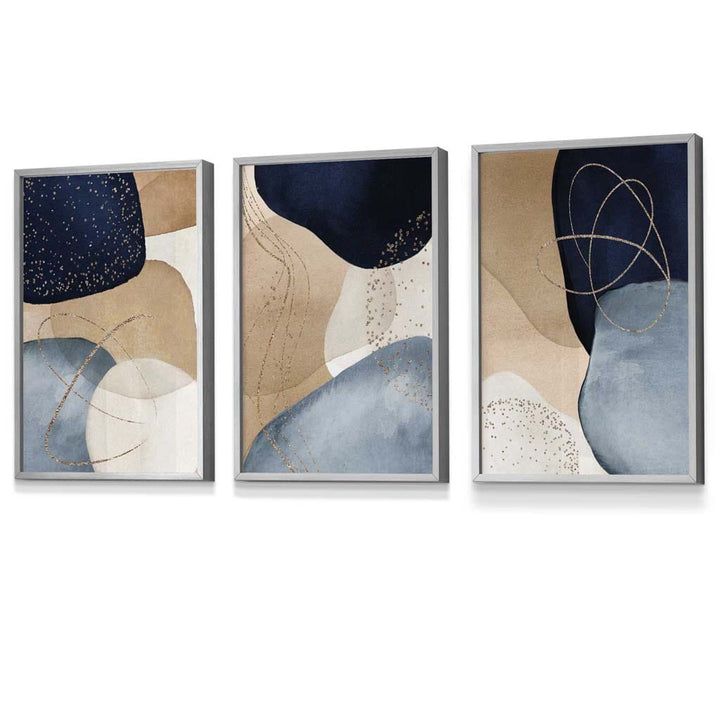 Abstract Blue, Beige, Gold Shapes Set of 3 Framed Wall Art | Bowlift