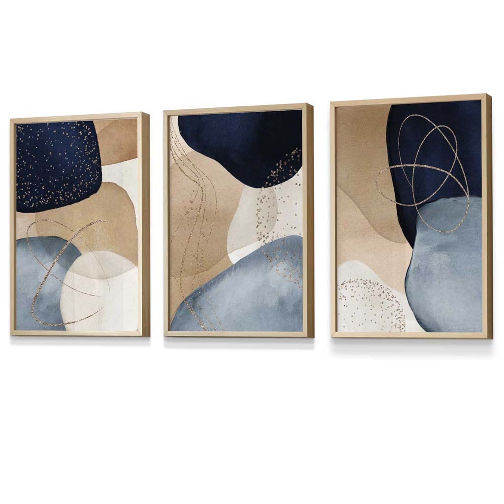 Abstract Blue, Beige, Gold Shapes Set of 3 Framed Wall Art | Bowlift