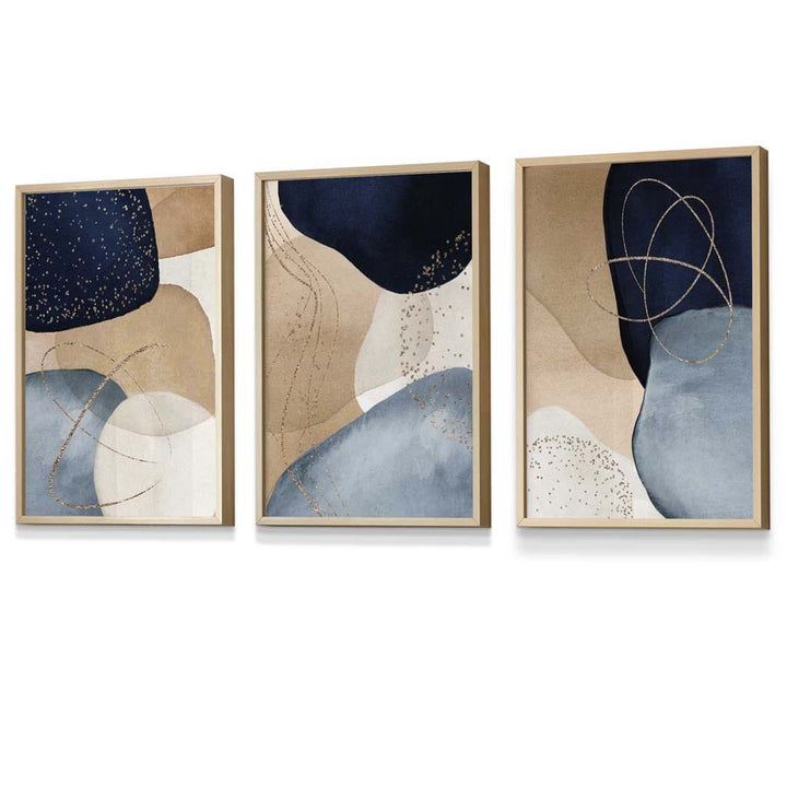 Abstract Blue, Beige, Gold Shapes Set of 3 Framed Wall Art | Bowlift