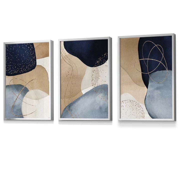 Abstract Blue, Beige, Gold Shapes Set of 3 Framed Wall Art | Bowlift