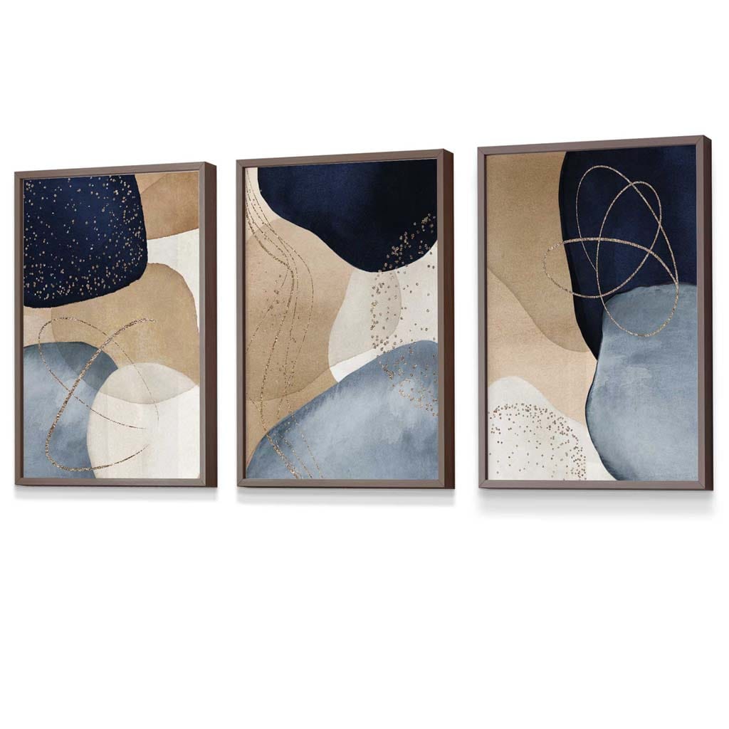 Abstract Blue, Beige, Gold Shapes Set of 3 Framed Wall Art | Bowlift