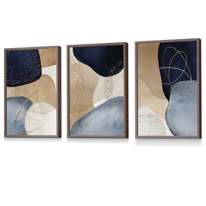 Abstract Blue, Beige, Gold Shapes Set of 3 Framed Wall Art | Bowlift