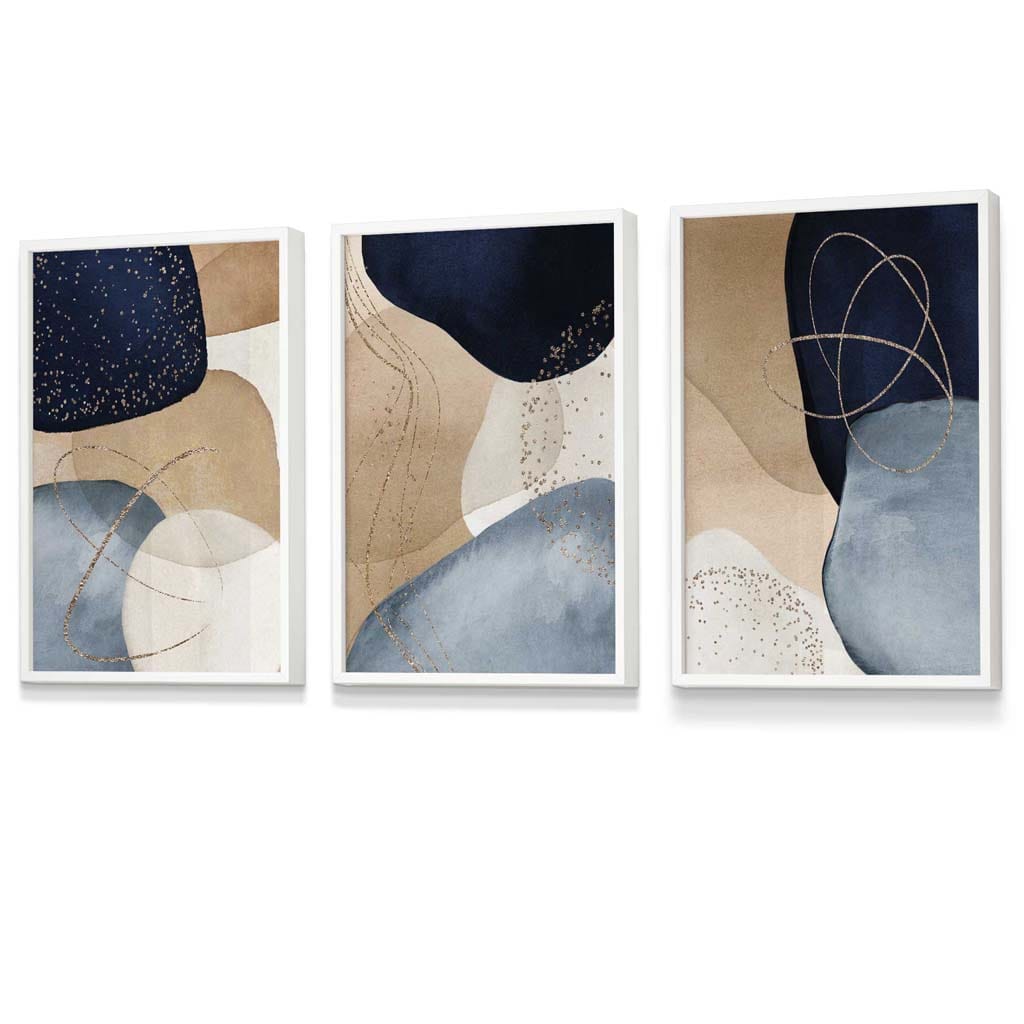 Abstract Blue, Beige, Gold Shapes Set of 3 Framed Wall Art | Bowlift