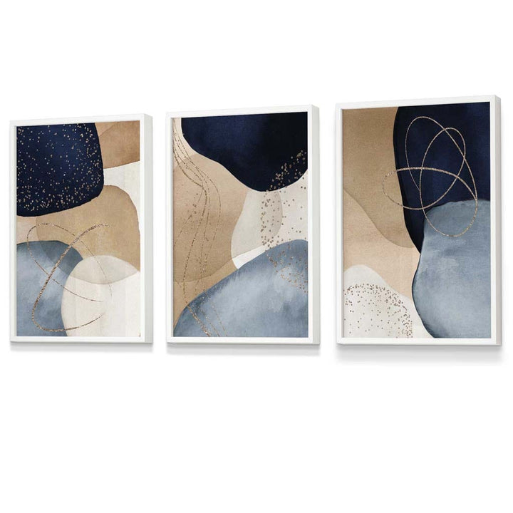 Abstract Blue, Beige, Gold Shapes Set of 3 Framed Wall Art | Bowlift