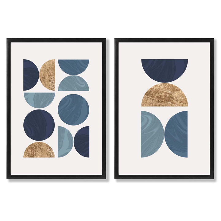 Blue and Gold Mid Century Geometric Frame Set of 2 Art Prints | Bowlift