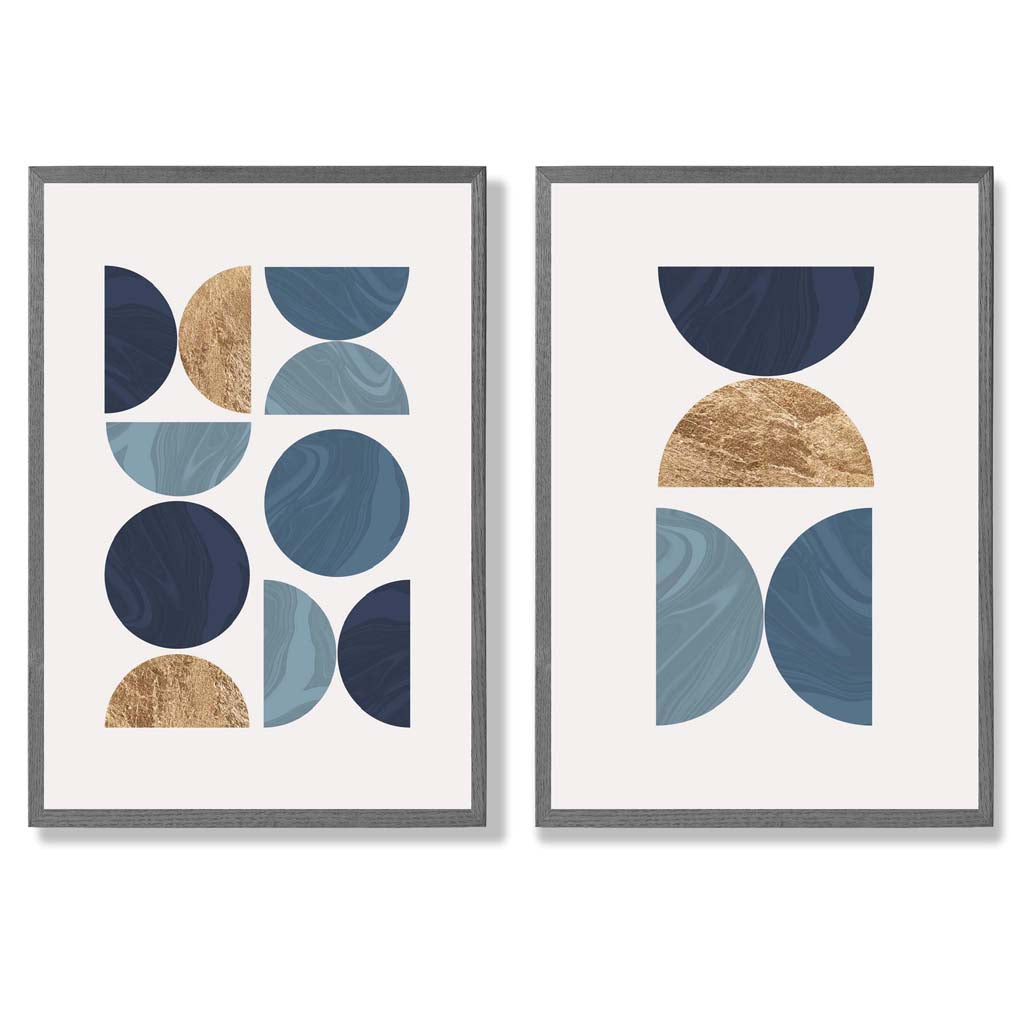 Blue and Gold Mid Century Geometric Frame Set of 2 Art Prints | Bowlift