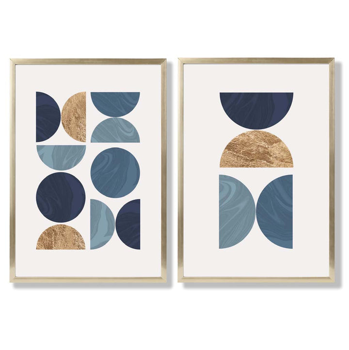 Blue and Gold Mid Century Geometric Frame Set of 2 Art Prints | Bowlift