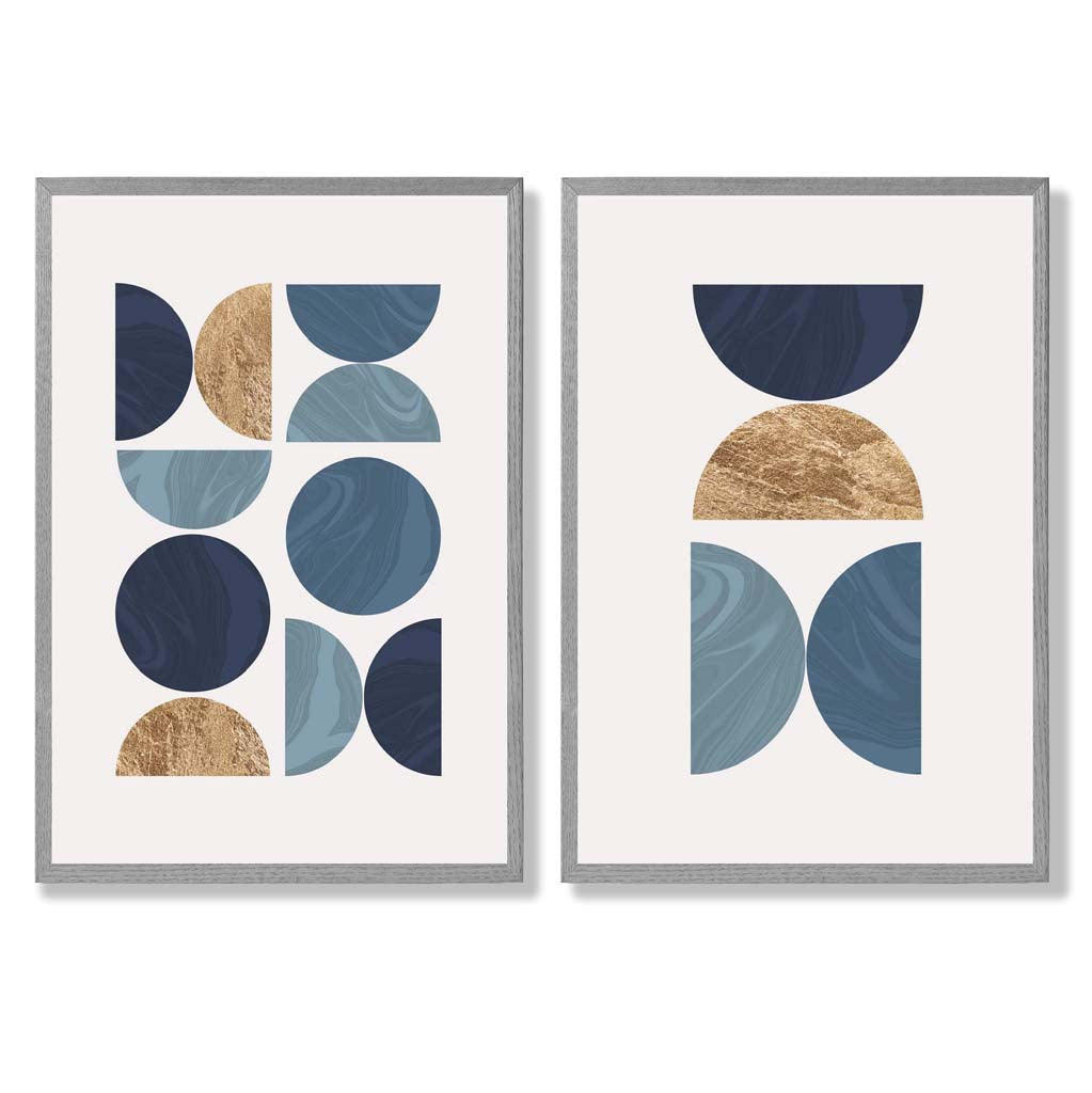 Blue and Gold Mid Century Geometric Frame Set of 2 Art Prints | Bowlift