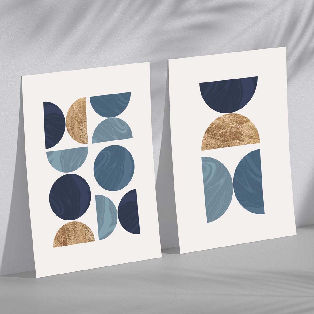 Blue and gold geometric Mid-Century art prints set of 2 | Bowlift