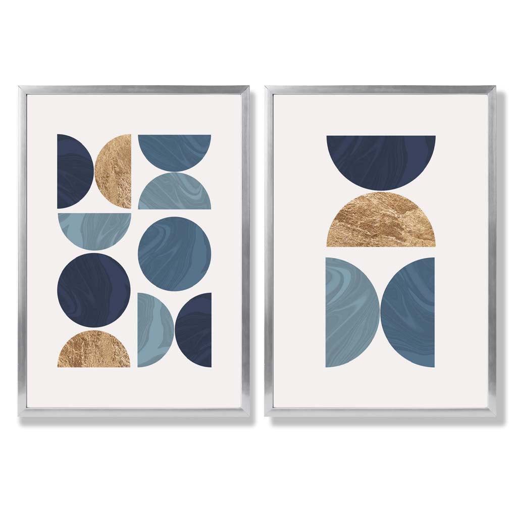 Blue and Gold Mid Century Geometric Frame Set of 2 Art Prints | Bowlift