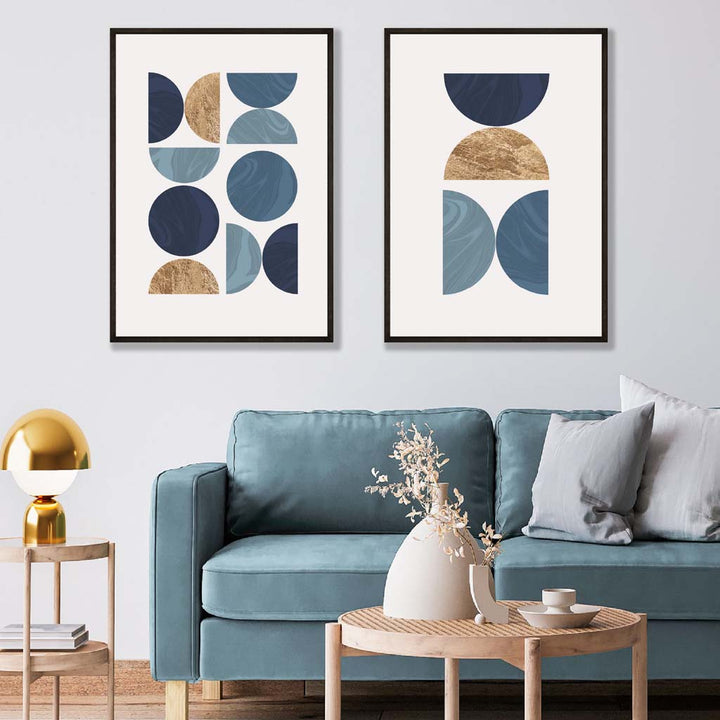 Blue and gold geometric Mid-Century art prints set of 2 | Bowlift