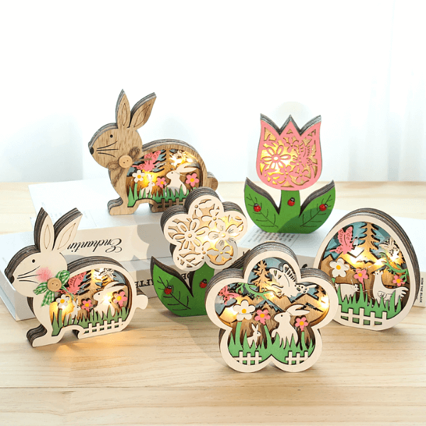 Easter Wooden Ornaments with LED Light Bunny Rabbit Tabletop Easter Decorations | Bowlift
