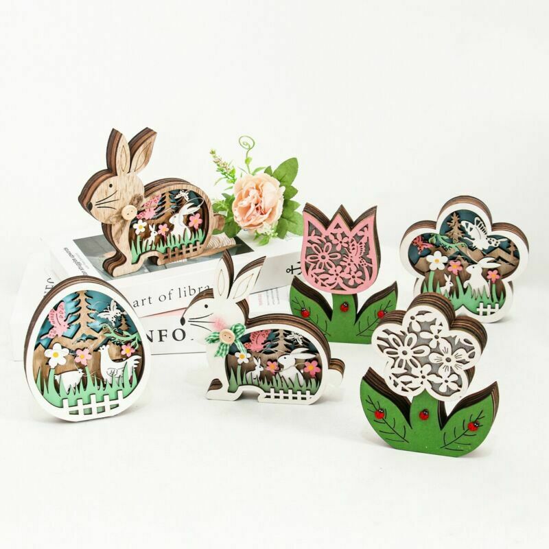 Easter Wooden Ornaments with LED Light Bunny Rabbit Tabletop Easter Decorations | Bowlift