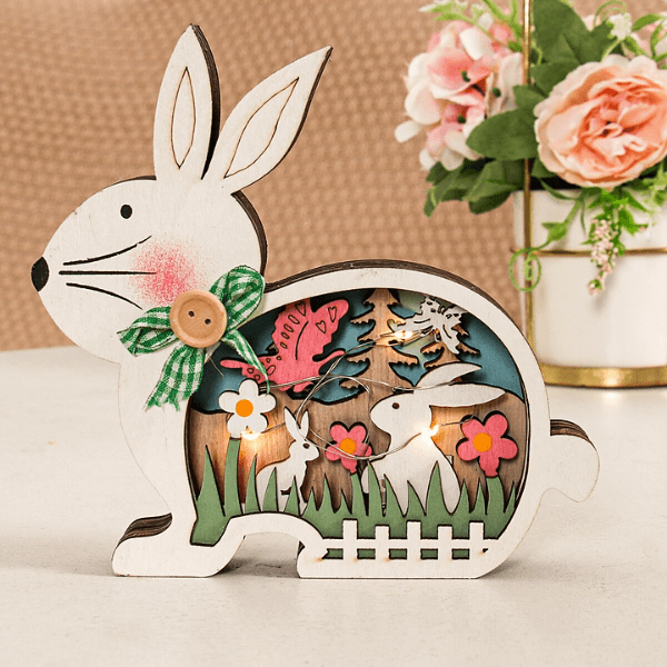 Easter Wooden Ornaments with LED Light Bunny Rabbit Tabletop Easter Decorations | Bowlift