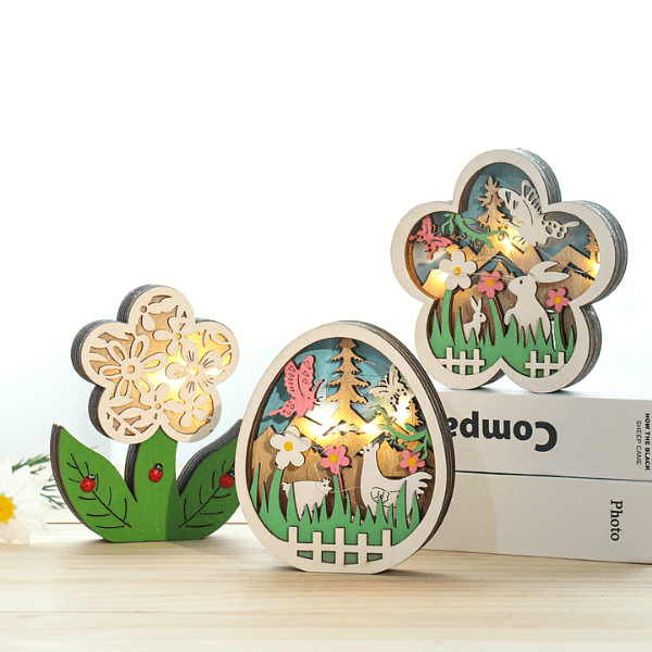 Easter Wooden Ornaments with LED Light Bunny Rabbit Tabletop Easter Decorations | Bowlift