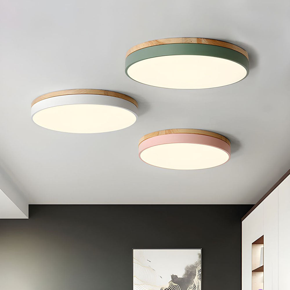 BowLift | Wooden Round Shape Flush Ceiling Light | LED. Solid Wood & Iron for Living Room. Dining Room & Hallway
