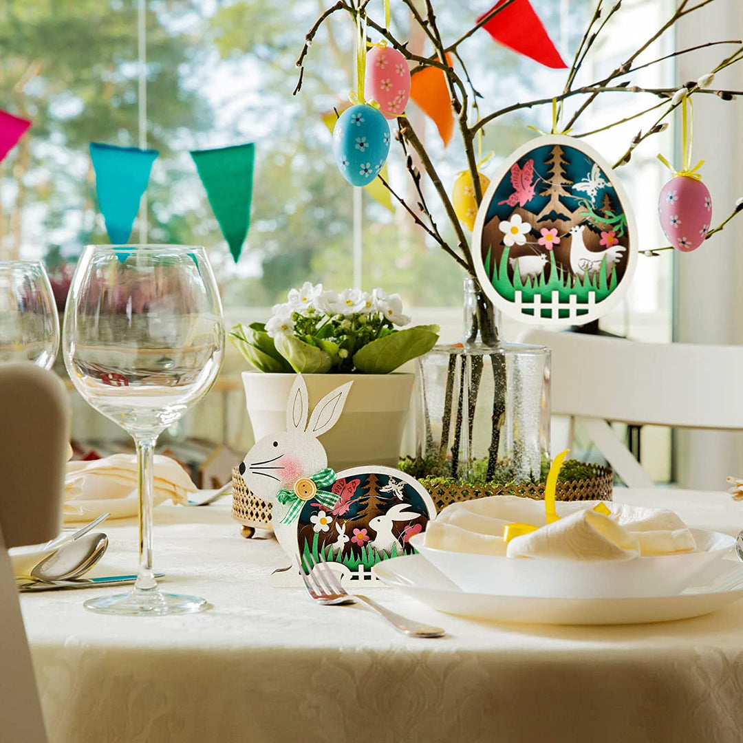 Easter Wooden Ornaments with LED Light Bunny Rabbit Tabletop Easter Decorations | Bowlift