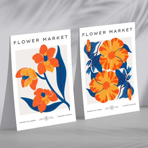 Bright orange and blue spring flower market set of 2 art prints | Bowlift