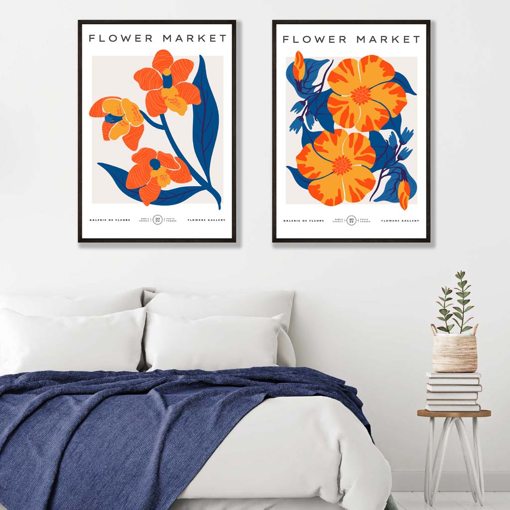 Bright orange and blue spring flower market set of 2 art prints | Bowlift