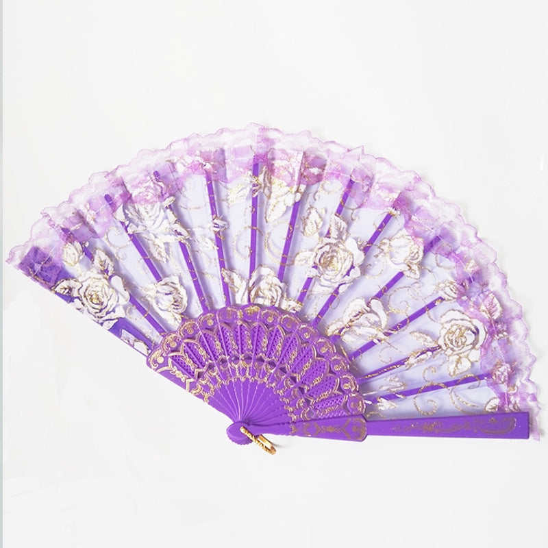 Ladies elegant fan made of sheer lace with floral embellishments Bowlift
