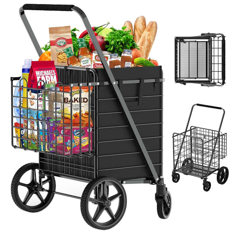 BowLift | Extra Large Shopping Cart 450 lbs Folding Shopping Cart with 360° Swivel Wheels Heavy Duty Utility Cart