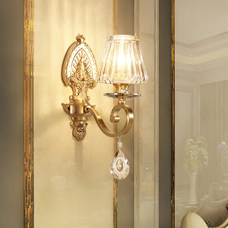 BowLift | Prismatic Optical Crystal Cone Wall Lamp Contemporary 1-Light Bedroom Wall Lighting Idea in Gold