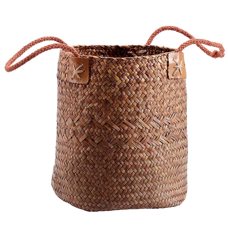 Unisex Handwoven Storage Basket with Leather Handles Bowlift