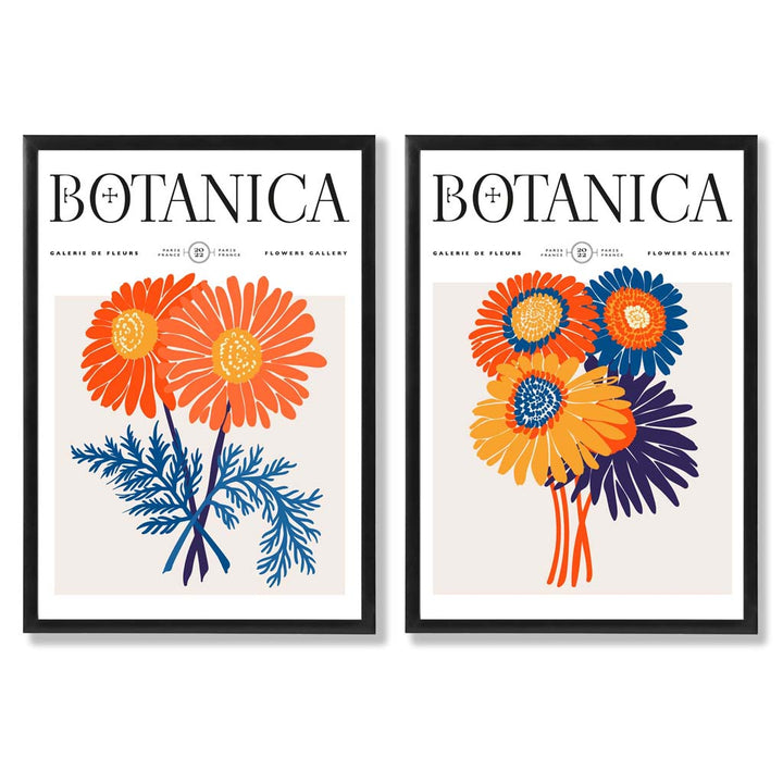 Bright Orange and Blue Summer Flower Market Framed Set of 2 Art Prints | Bowlift