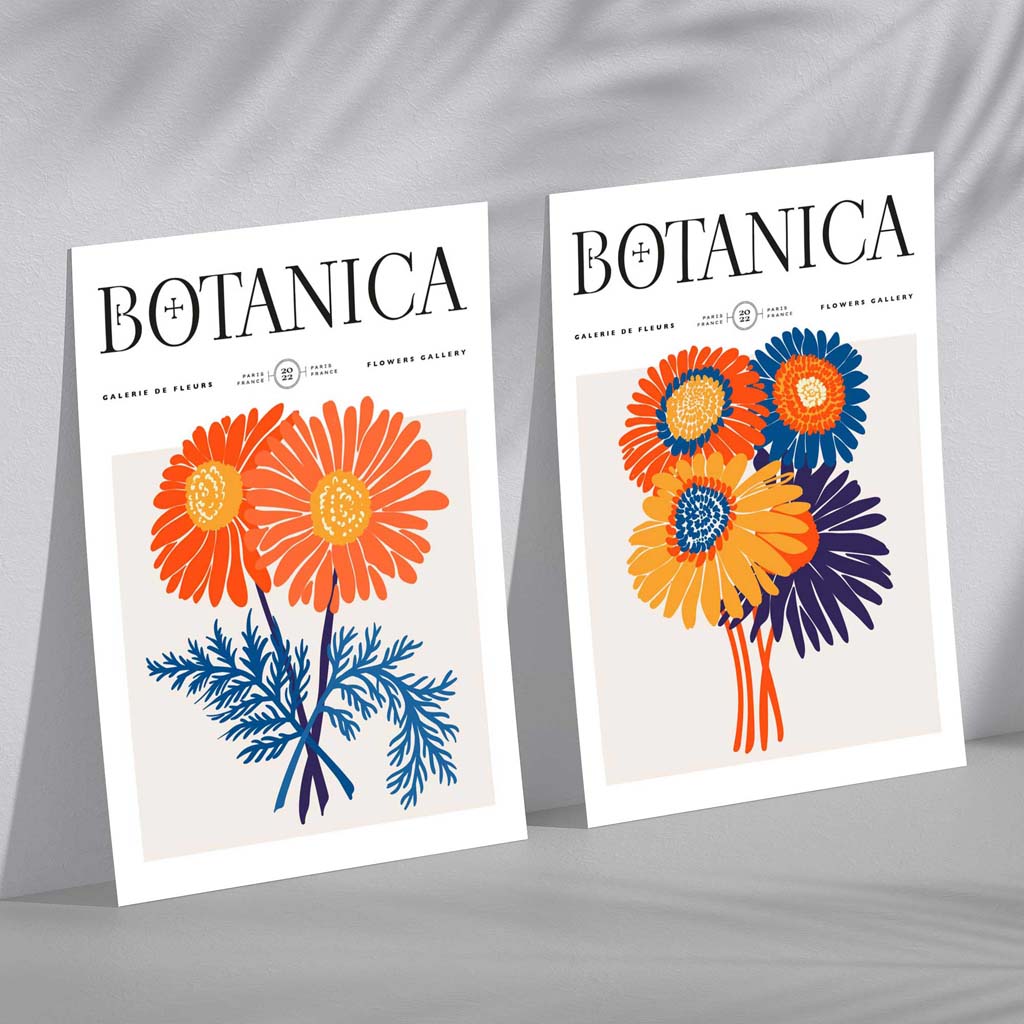 Bright Orange and Blue Summer Flower Market Set of 2 Art Prints | Bowlift