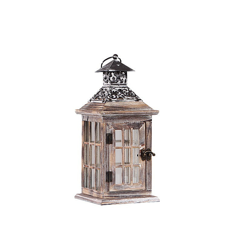 Rustic Distressed Wood Windowpane Glass Candle Lantern Set with Ornate Metal Roof Bowlift