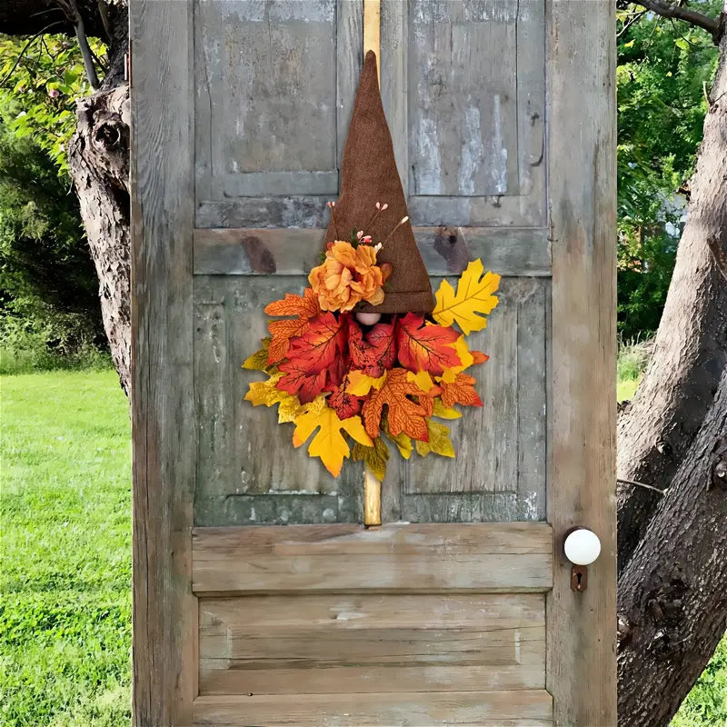 BowLift | Halloween Front Door Wreath | Fall Gnome & Maple Leaf Design | 16-Inch Rustic Decor