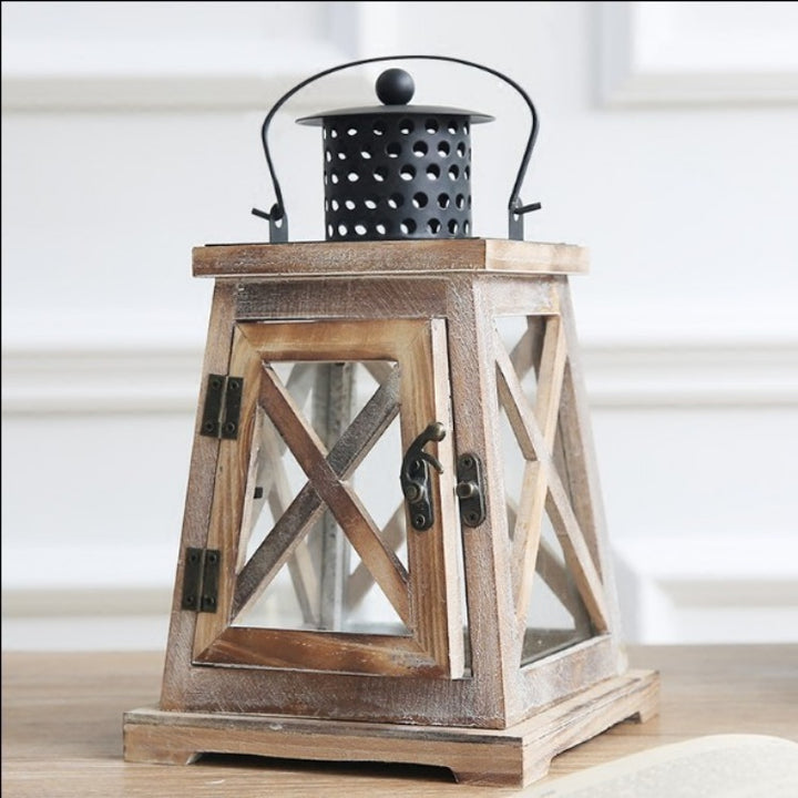 Vintage Farmhouse Glass-Panel Tapered Wooden Lantern with Perforated Metal Chimney Bowlift