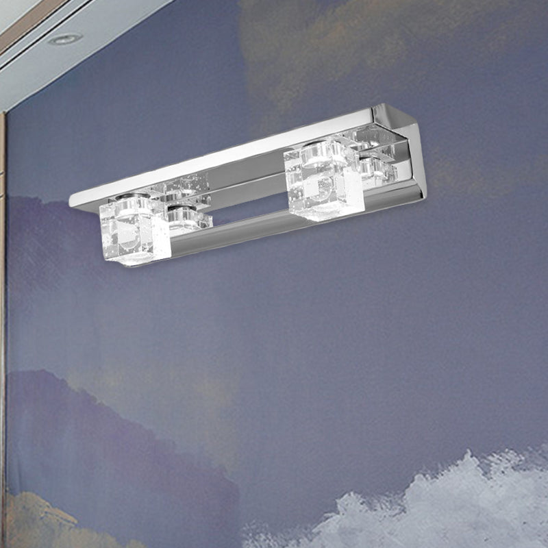 BowLift | Chrome Finish Linear Wall Lamp Modern Crystal Cube 2/3 Heads Bathroom LED Wall Mount Lighting in Warm/White Light