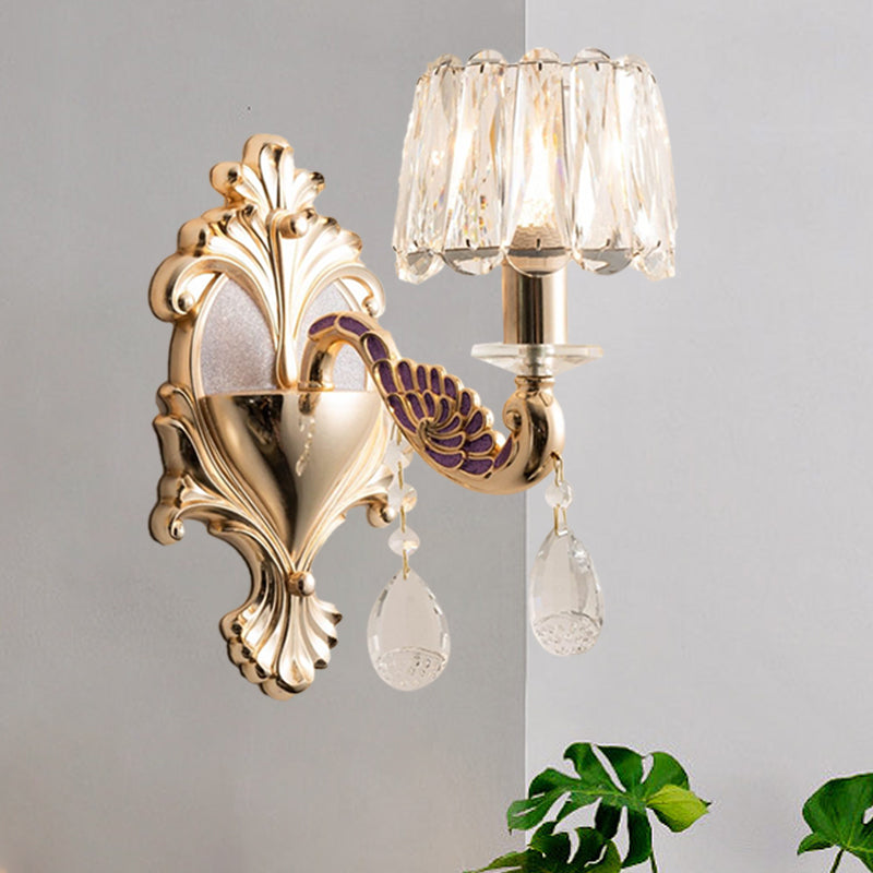 BowLift | Gold Single Light Bulb Wall Sconces Light Modernism Crystal Block Small Drum Shade Wall Lamp