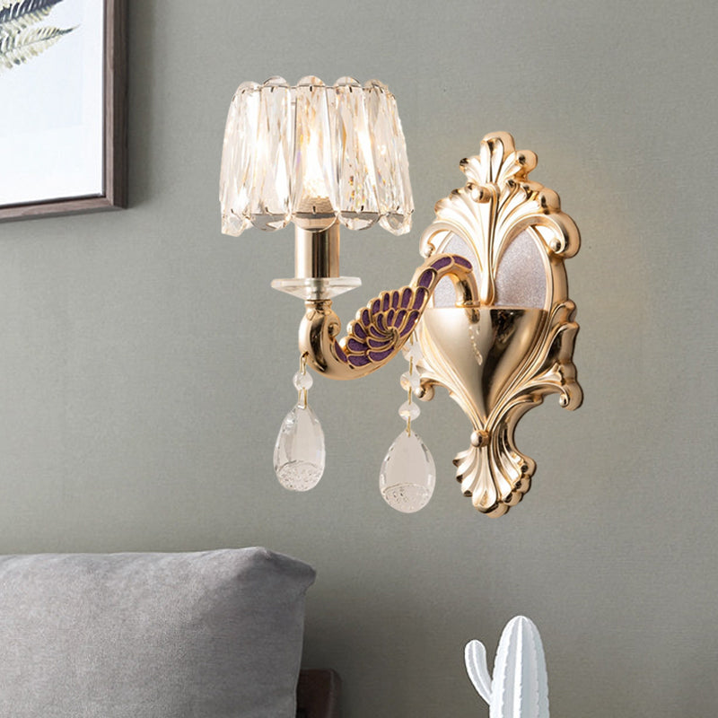 BowLift | Gold Single Light Bulb Wall Sconces Light Modernism Crystal Block Small Drum Shade Wall Lamp
